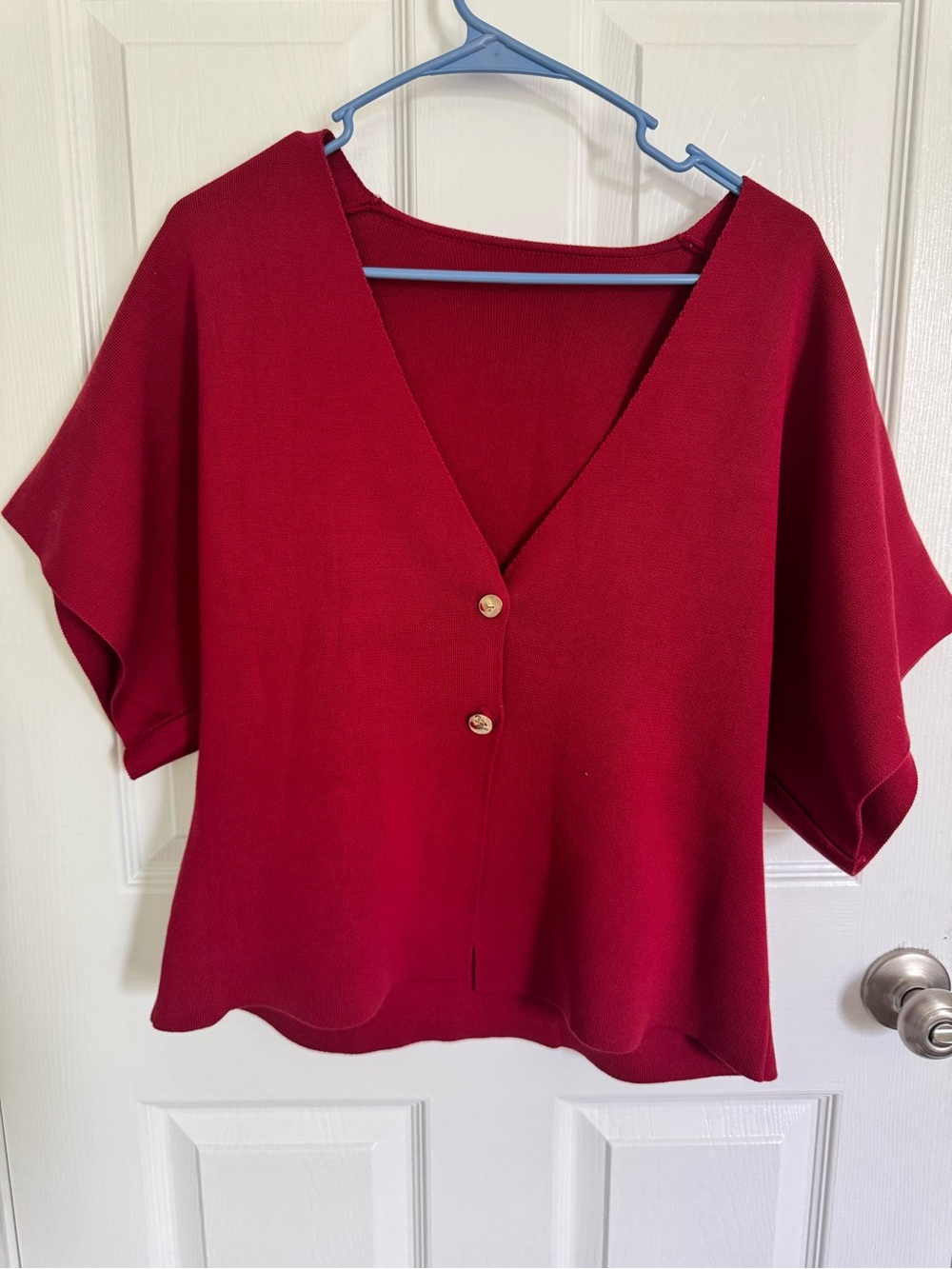 Red V-Neck Button Front Women’s Top
